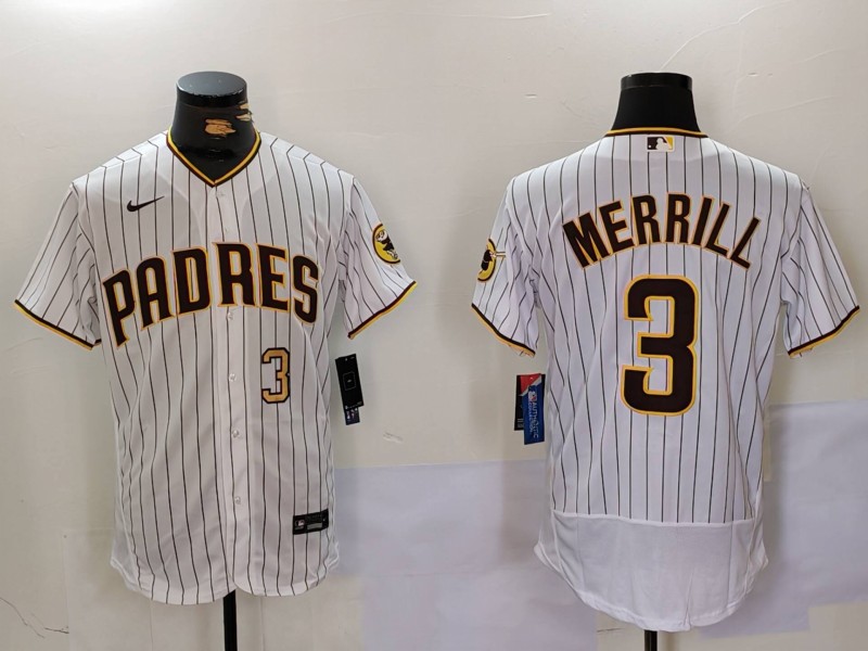 Men's San Diego Padres #3 Jackson Merrill White Flex Base Stitched Baseball Jersey Men's San Diego Padres #3 Jackson Merrill White Flex Base Stitched Baseball Jersey